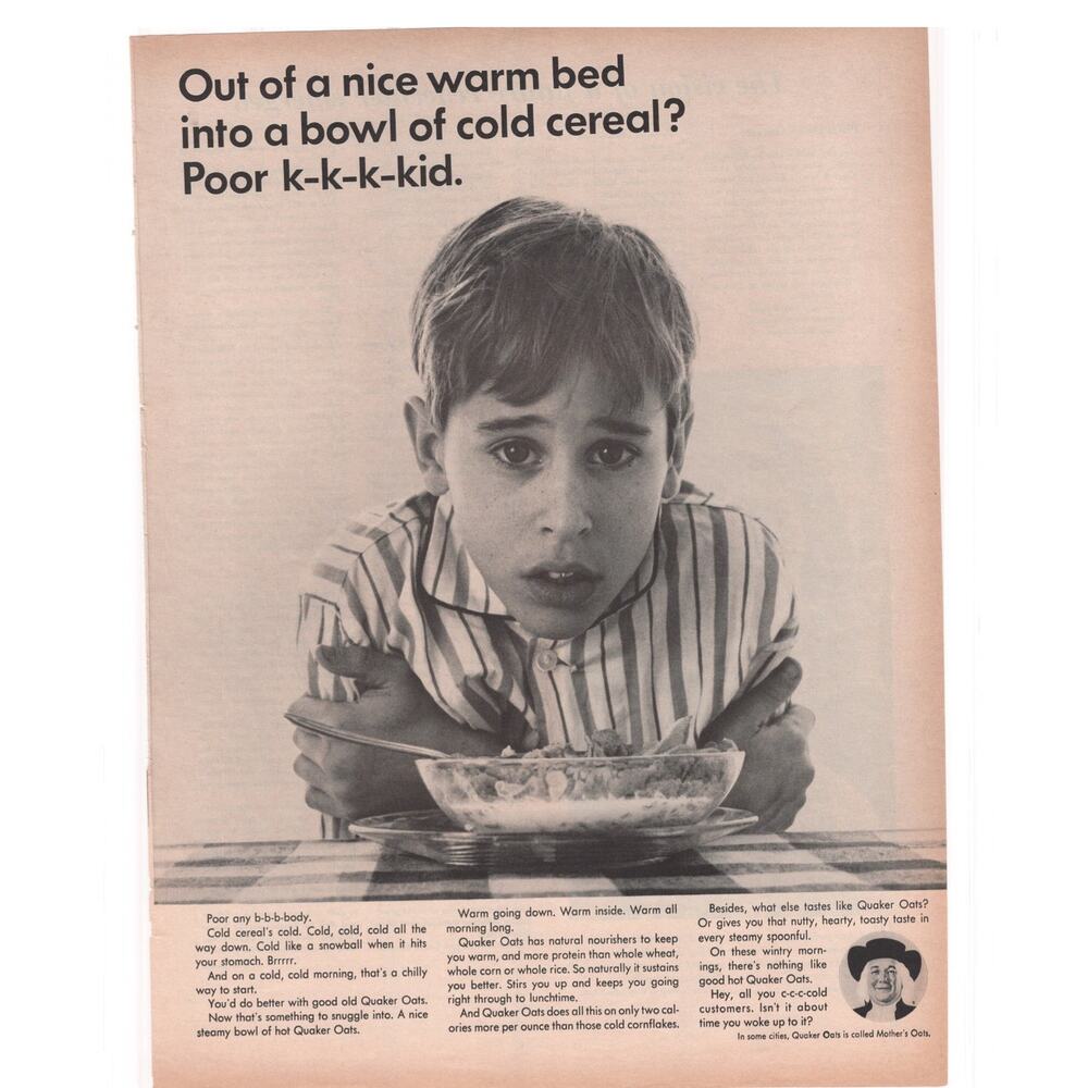 Quaker Oats Magazine Advertisement Vintage B&W 1960s Breakfast Child Oatmeal